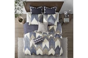 INK+IVY Reversible Cotton Quilt-Luxury Double Sided Stitching Design All Season, Breathable Coverlet Bedspread Bedding, Matching Shams, Full/Queen(88"x92"), Alpine Chevron Navy 3 Piece