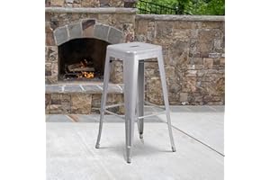 EMMA + OLIVER Commercial Grade 30" H Backless Silver Metal Indoor-Outdoor Barstool, Square