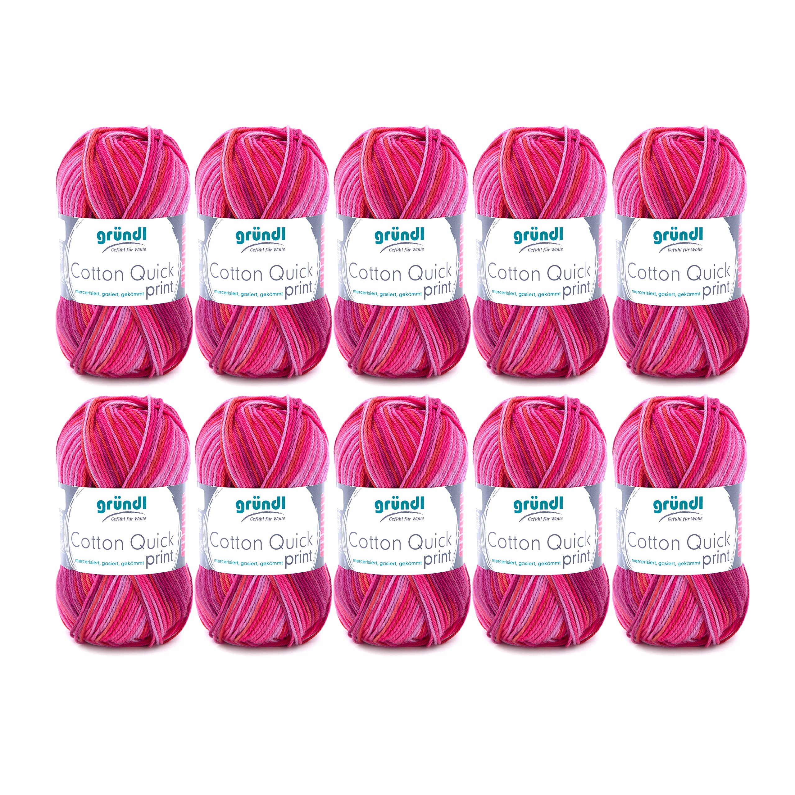 Gründl Cotton Quick Print Knitting/Crochet Yarn (Colourful Yarn Made of 100% Cotton, Oeko-TEX Certified, 50 g / 125 m, Needle Size: 3-4, 1 x 50 g), Fuchsia-red-Multicolour