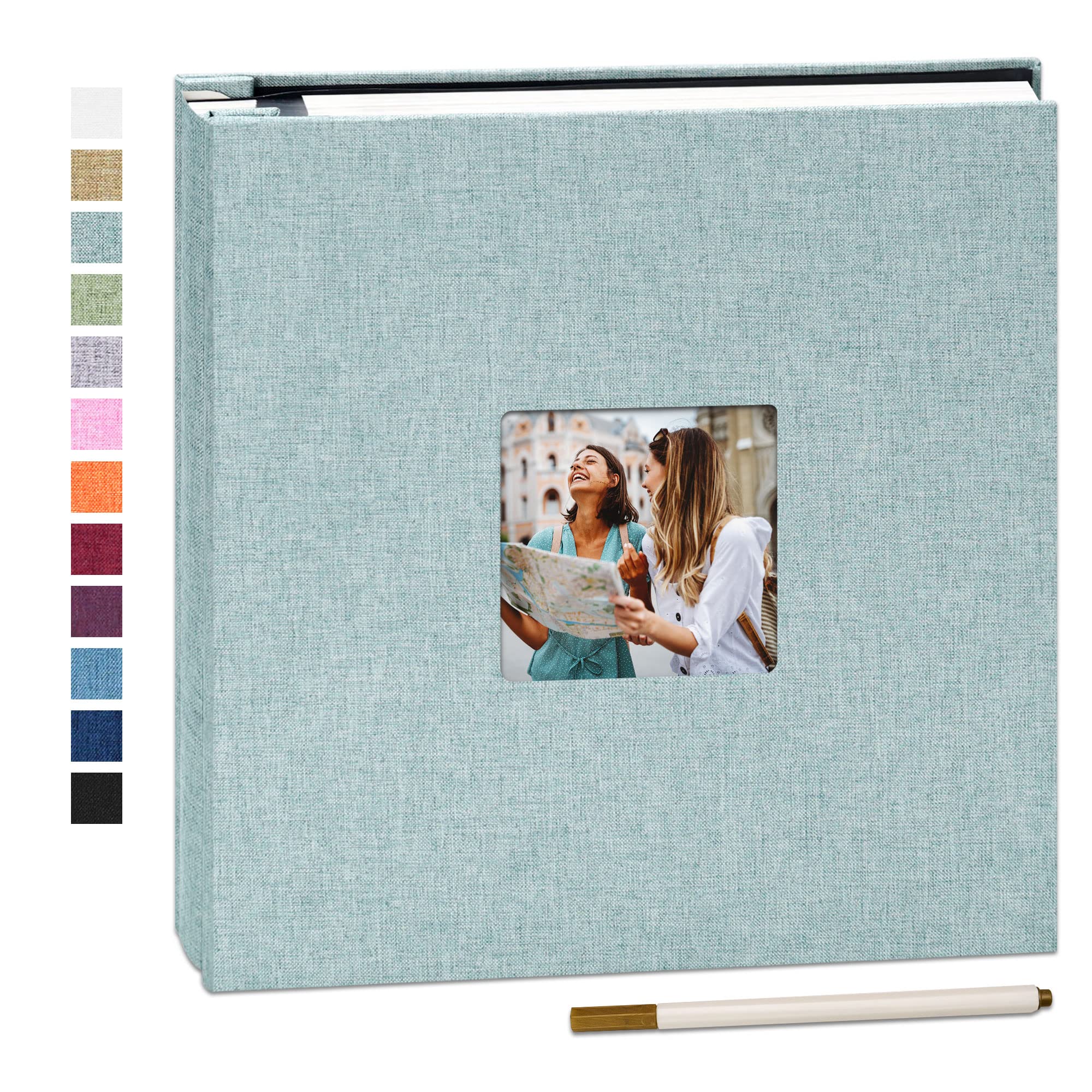 Yopih Self Adhesive Photo Album 28x27cm Fits 10x15 8x13 13x18 15x20 20x25 cm Photo Scrapbook with Window 40 Pages Linen Cover with A Metallic Pen DIY Memory Book for Baby Wedding Family Turquoise