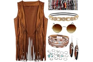 FEYIR 60s 70s Outfit for Women Hippy Accessories Fringe Hippie Vest Clothes for Halloween Disco Party Hippie Costume Set