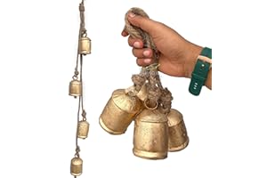 Riylox Shabby Chic Bells Set of 4 Hanging Metal Tibetan Inspired Meditation Decorative Cow Bell with Jute Rope Vintage Handmade Lucky Rustic Metal Tranquil Wind Chimes Wall Hanging Decor Gift