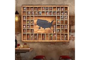 Tristcily Large US Map Shot Glass Display Case 60 Slots 34 x 26'' Rustic Brown Wood Holder for 2 Different Size Shot Glasses Shelf Organizer Wall Mount Storage Shadow Bar Cabinet