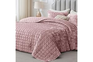 BEDELITE Velvet Quilt Set King Size - Luxury Velvet Comforter Bedding Set 3 Pieces, Soft Cozy Dusty Pink Oversized Bedspread Coverlet for Girls Valentine’s Gift with 2 Pillow Shams