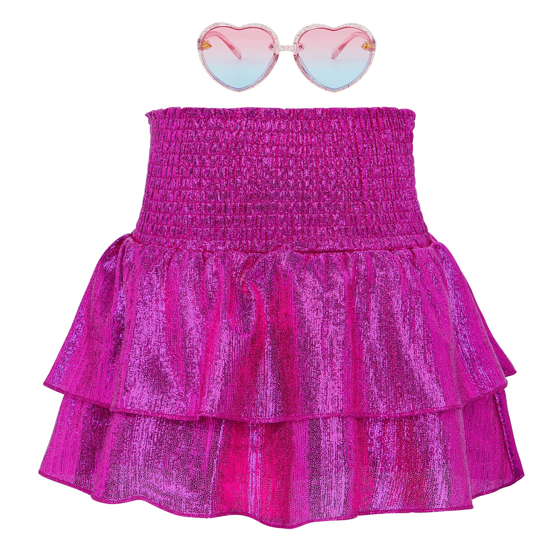 Photo 1 of American Trends Girls Metallic Skirt Girls Sequin Sparkly Skirts 2-Layer Ruffle Skirts with Sunglasses Cheerleaders Skirt Hot Pink 10-11 Years XL