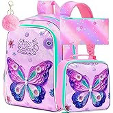 CCJPX 3Pcs Butterfly Backpack, 16” Kids Girls Bookbag with Lunch Box, Water Resistant Elementary School Bag for Kindergarten Preschool Toddler (Pink)