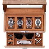 ROTHWELL 4-Slot Solid Walnut Watch Box with Valet Drawer - Premium Jewelry Display Case Organizer with Locking Glass Top and Microsuede Liner for Men &amp; Women (Tan Interior)