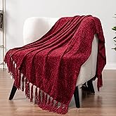 PAVILIA Burgundy Red Chenille Throw Blanket for Couch Sofa, Soft Maroon Red Knit Throw with Tassel, Decorative Blanket for Bed Chair Living Room, Wine Red 50x60