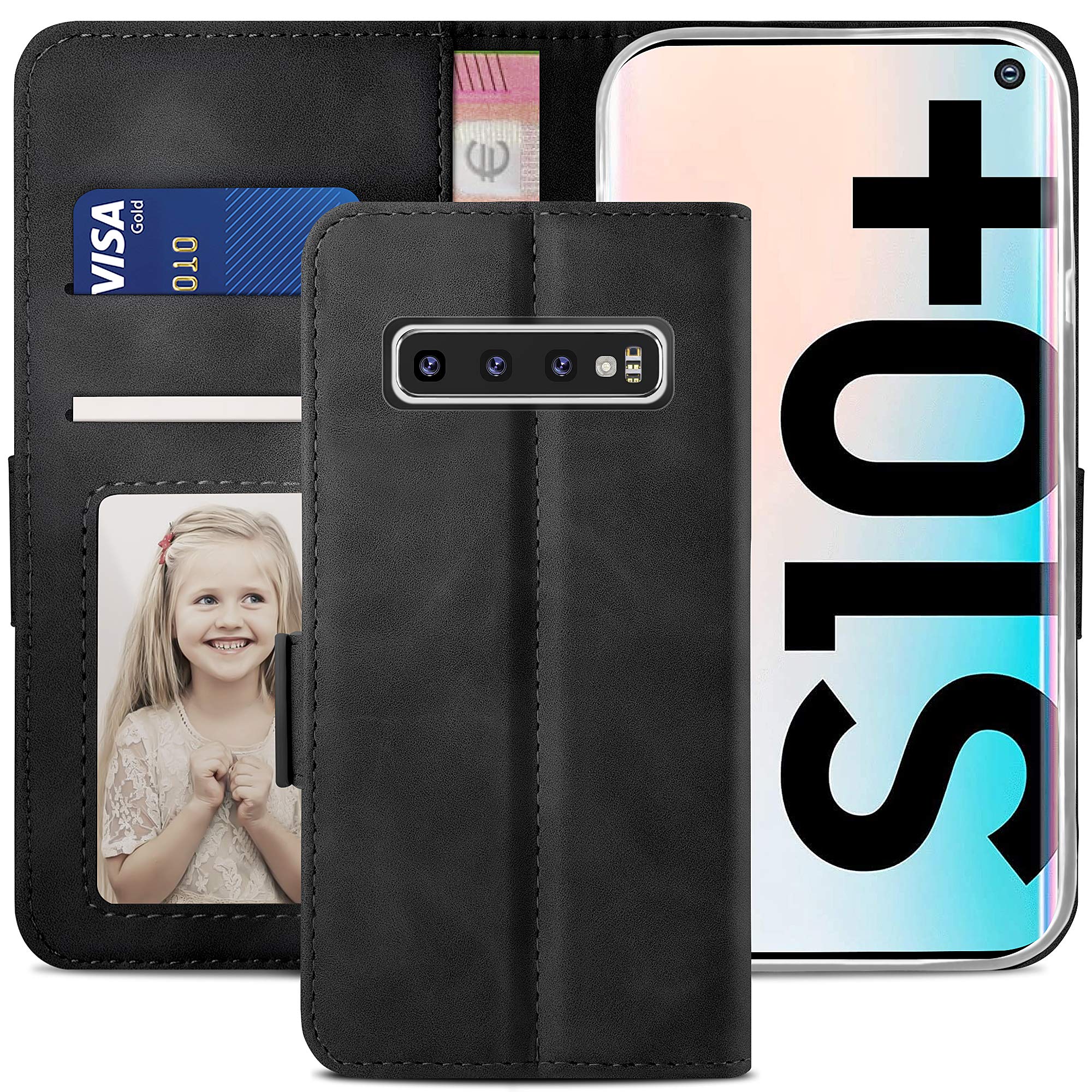 YATWIN Compatible with Samsung Galaxy S10 Plus Case, Flip Wallet Leather Case with Card Slot and Shockproof Function Kickstand Phone Cases Cover for Samsung S10 + - Black