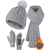 Winter Hat Scarf Gloves Set,Fleece Lined Pom Pom Beanie Hat Warm Knit Long Scarf Touchscreen Gloves Winter Gifts for Women