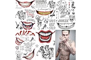 VANTATY 5 Sheets 3D Halloween Joker Temporary Tattoos For Men Women Adults, Clown Damaged Tattoo Joker Costume, Fake Tattoo Stickers Prison Prisoner Inmate Gothic, Halloween Face Tattoo Makeup Kit
