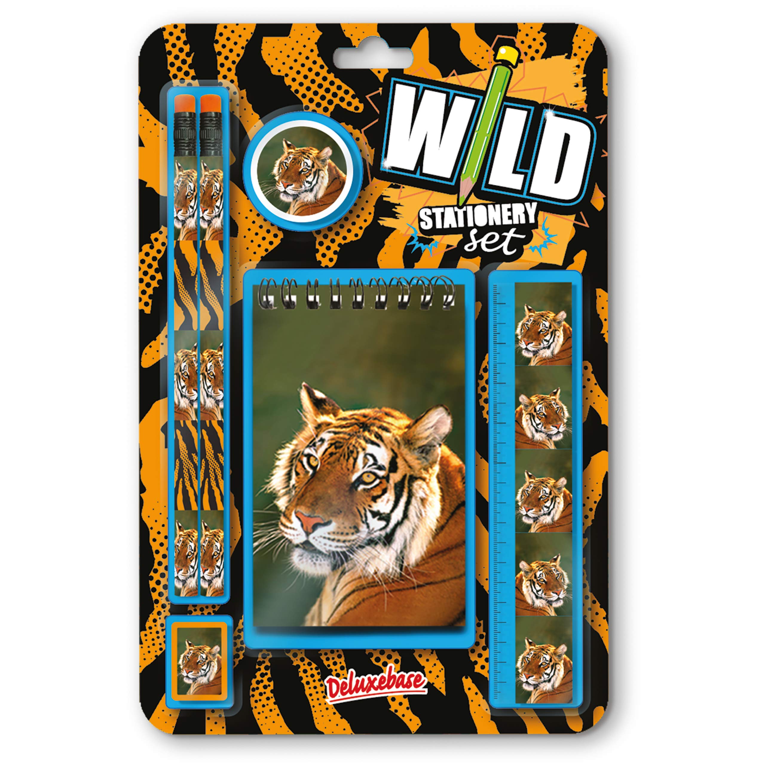 Deluxebase Wild Stationery Set – Tiger, 6 Piece School Supplies Set including Notebook, 2 Pencils, Ruler, Pencil Eraser and Sharpener, Fun Animal Stationery Gifts for Kids and Students.