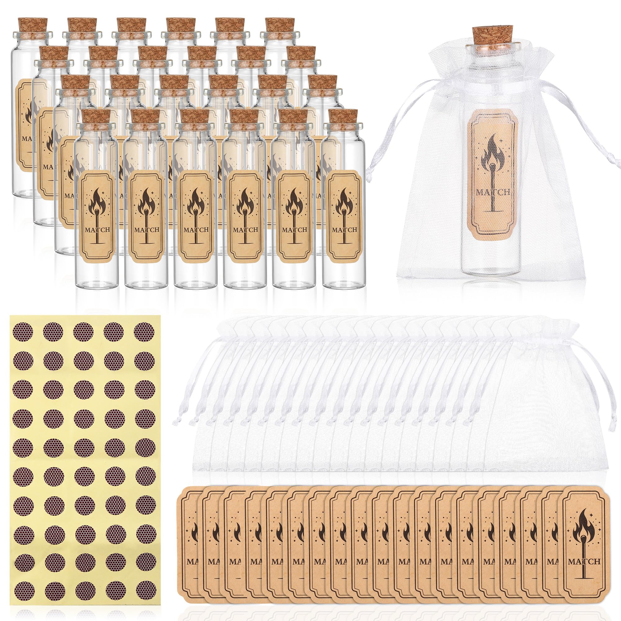 Photo 1 of Vynium 24 Set Wedding Match Holders Bulk,Match Striker Sticker Empty Glass Match Jars with Cork Top, Small Glass Bottles for DIY Organza Wedding Matches Favor Bridal Shower Party Supplies Guests Gift