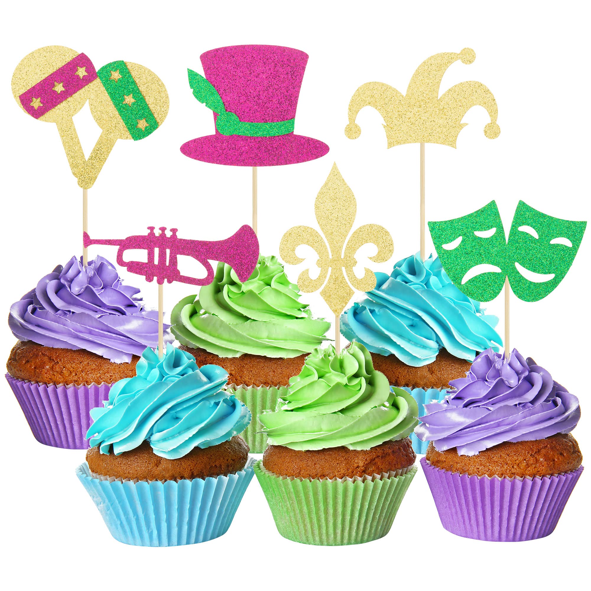 Gyufise 24 Pack Glitter Mardi Gras Cupcake Toppers Masquerade Mask Hat Balloon Cake Topper Decorations for Masquerade Mardi Gras Party Birthday Party Decorations