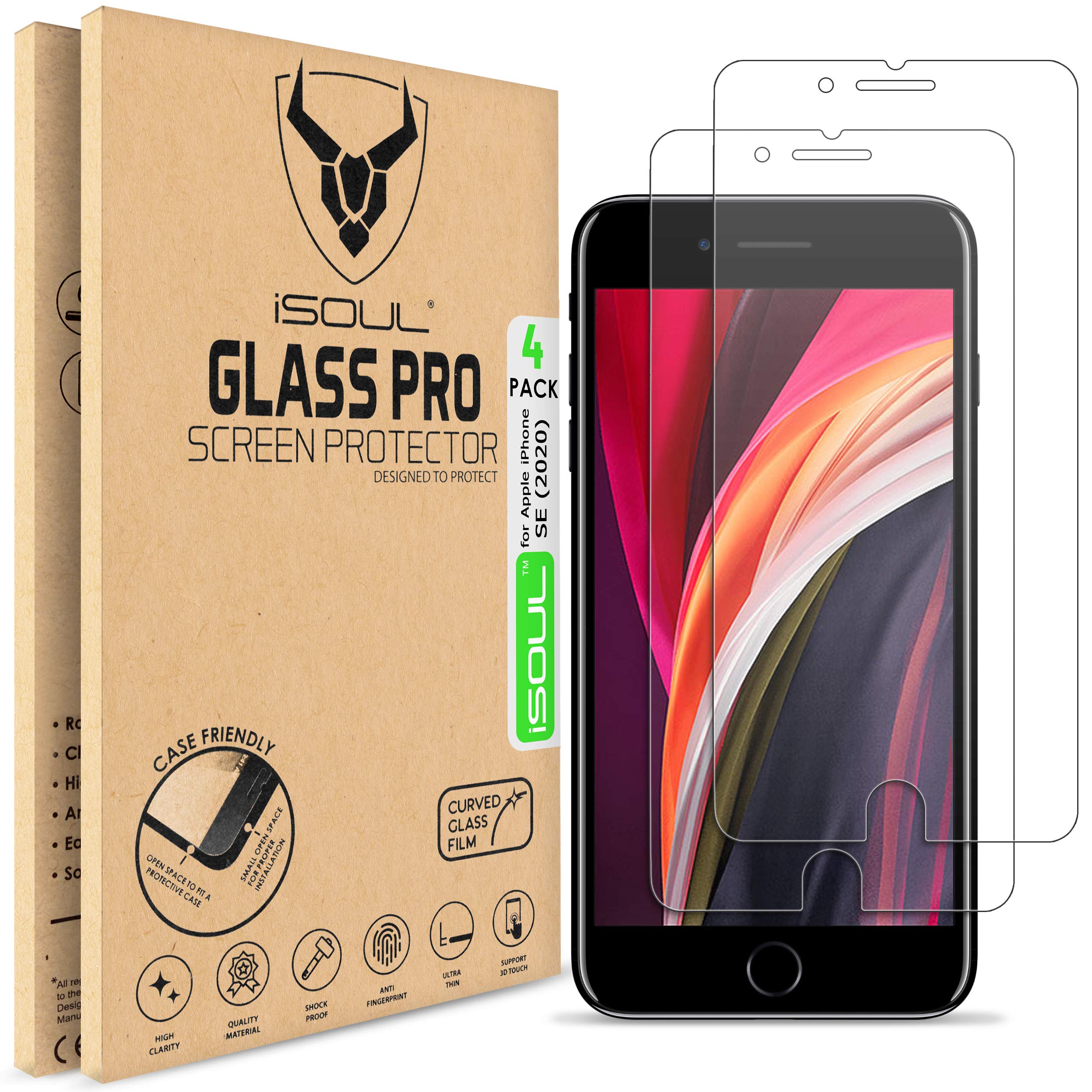 iSOUL [4 Pack Screen Protector For iPhone SE 2020 4.7" [Anti-Scratch] [Case Friendly] 0.28mm Tempered Glass Film