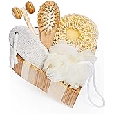 Bella Ciao 6-Piece Body and Skincare Set, Women’s Spa Gift Basket with Face Massage Roller, Hair Brush, Exfoliating Tools and Wooden Tray, Self Care Bath Accessories