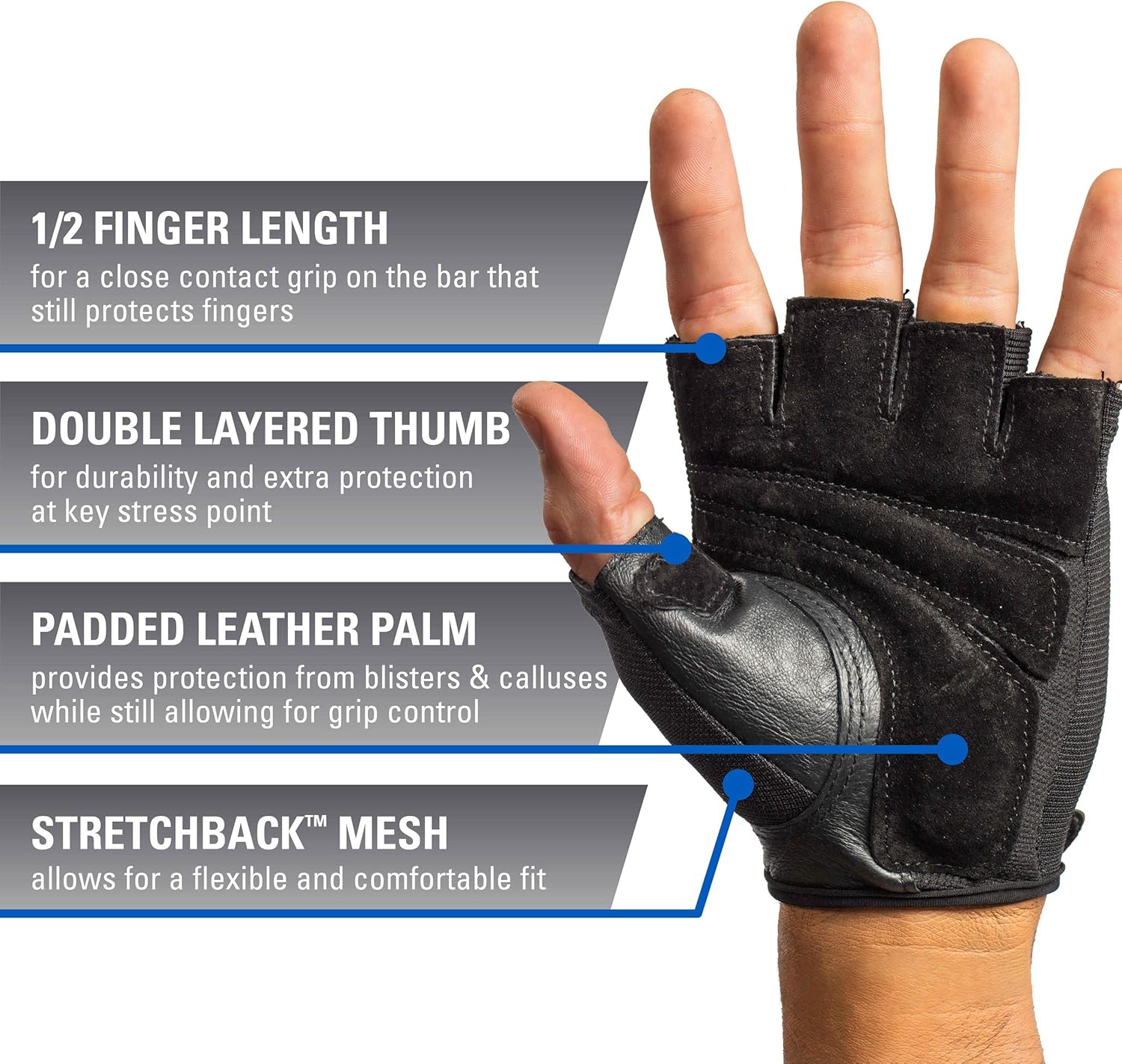 Harbinger Power Non-Wristwrap Weightlifting Gloves with StretchBack Mesh and Leather Palm (Pair), Black, Large, Large (Fits 8 - 8.5 Inches) : Exercise Gloves : Sports & Outdoors