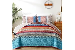 WONGS BEDDING Bohemian Quilt Set Twin Size, Boho Striped Printed Bedding Quilts Coverlet Set with Pillow Shams, Lightweight Microfiber Bedspread Set for All Seasons (2 Pieces, Twin)