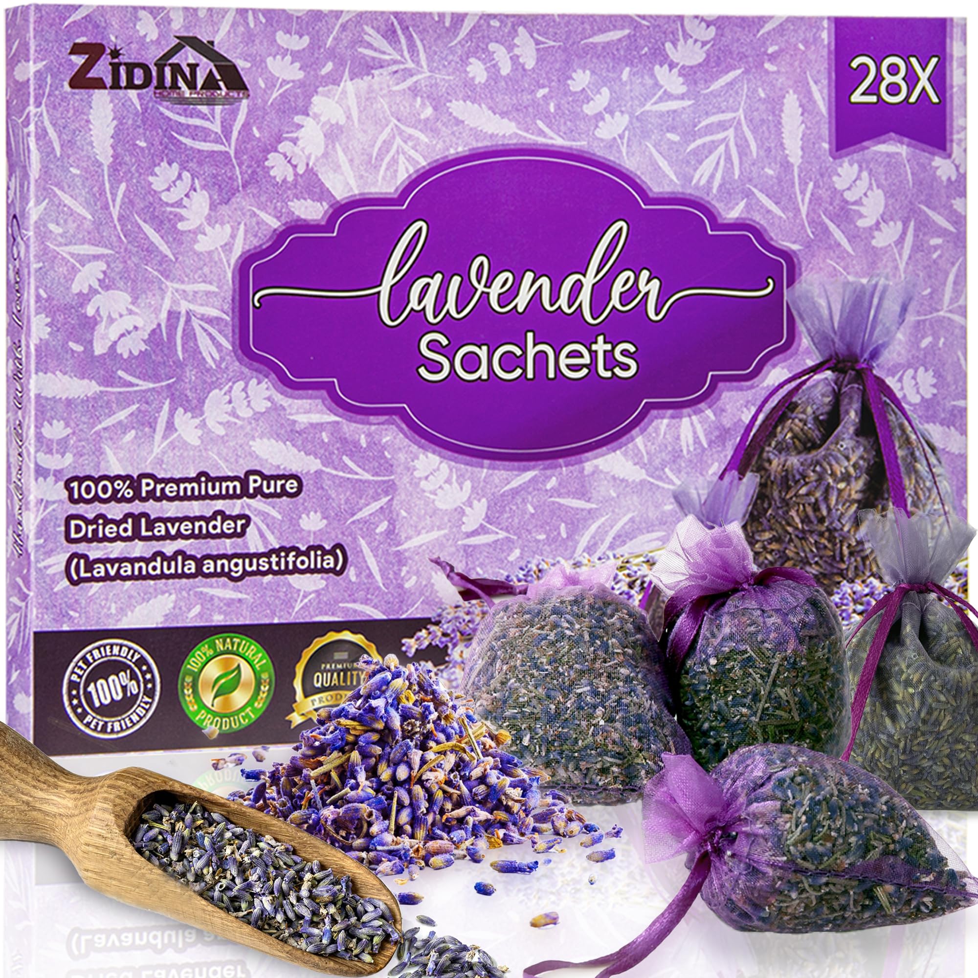 ZIDINA Lavender Bags for Wardrobes 28 Pack - Dried Lavender Sachets for Freshness - Natural Wardrobe Fresheners & Moth Repellent for Drawers, Cabinets, Clothes, Linens, Storage- Scented Drawer Sachets