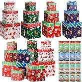 Tenceur 16 Sets Christmas Nesting Gift Boxes with Lids | 3 Assorted Sizes with Bows and 4 Holiday Designs for Presents and Tree Decor