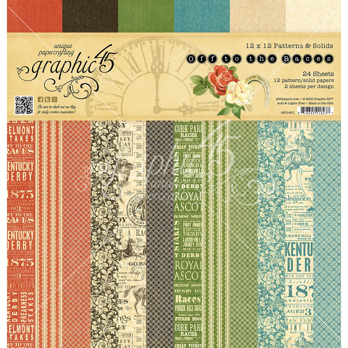 Graphic 45 Off To the Races 12x12 Patterns & Solids Paper Pad, Multicoloured