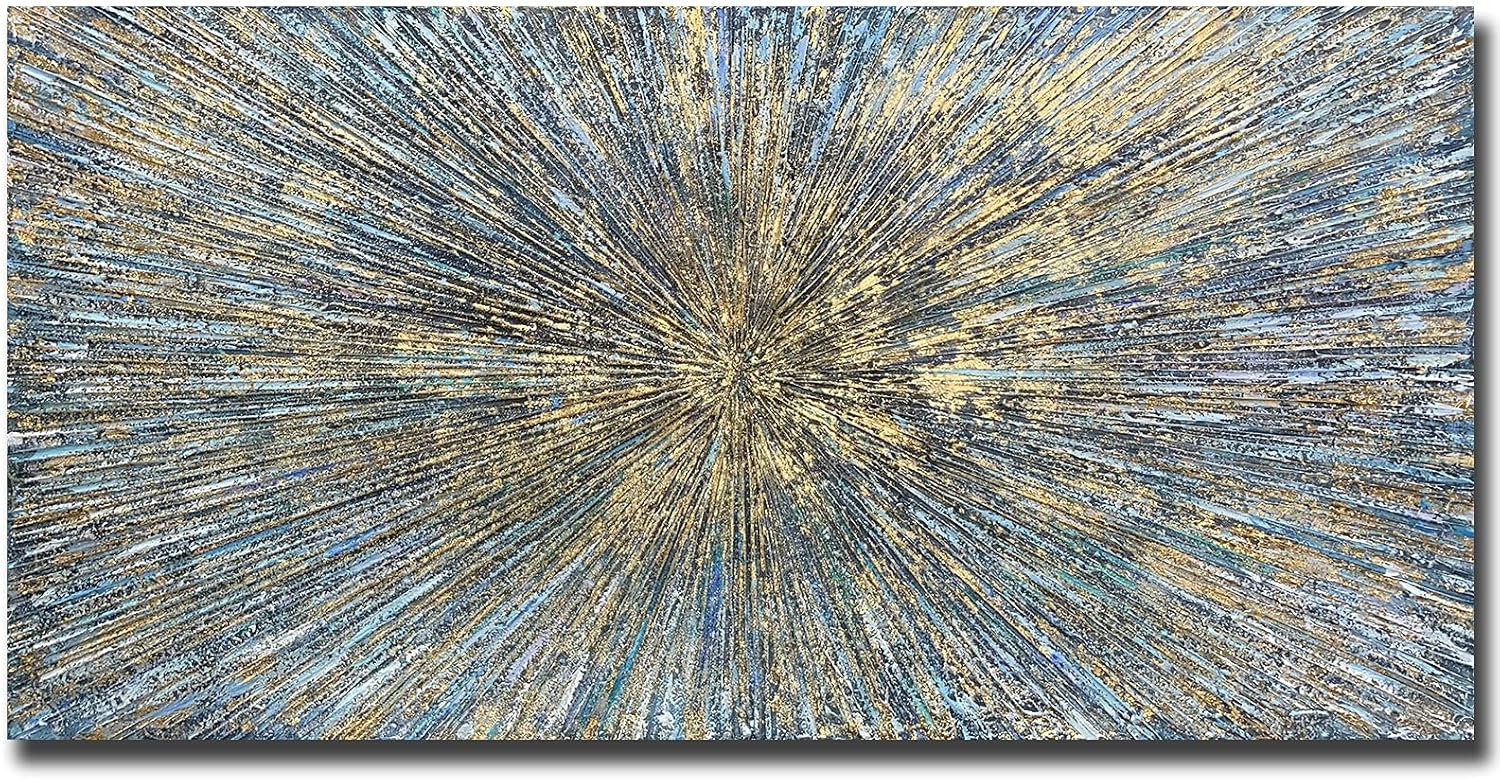 Paintings - AZAVY Art,24x48 Inch 100% Hand Painted Contemporary Art Golden Blue Oil Paintings on Canvas Abstract Wall Art Modern Textured Artwork Art Wood Inside Framed Hanging Wall Decoration Abstract Painting