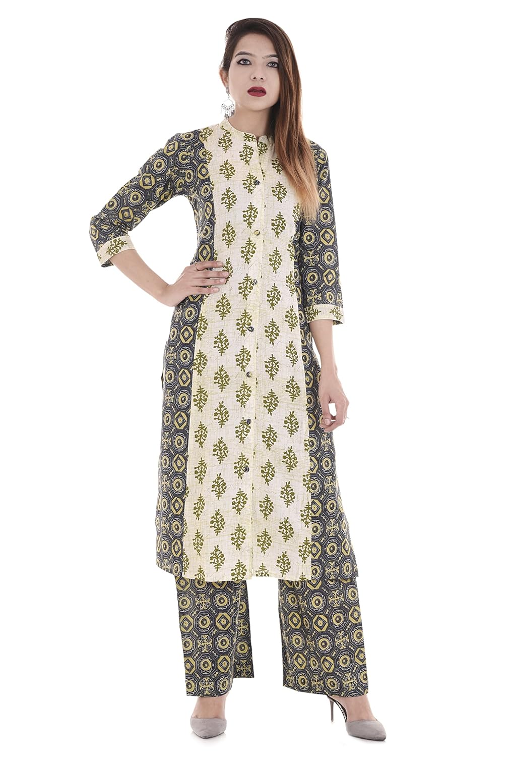 palakh women's cotton straight printed kurti with palazzo (multicolor)