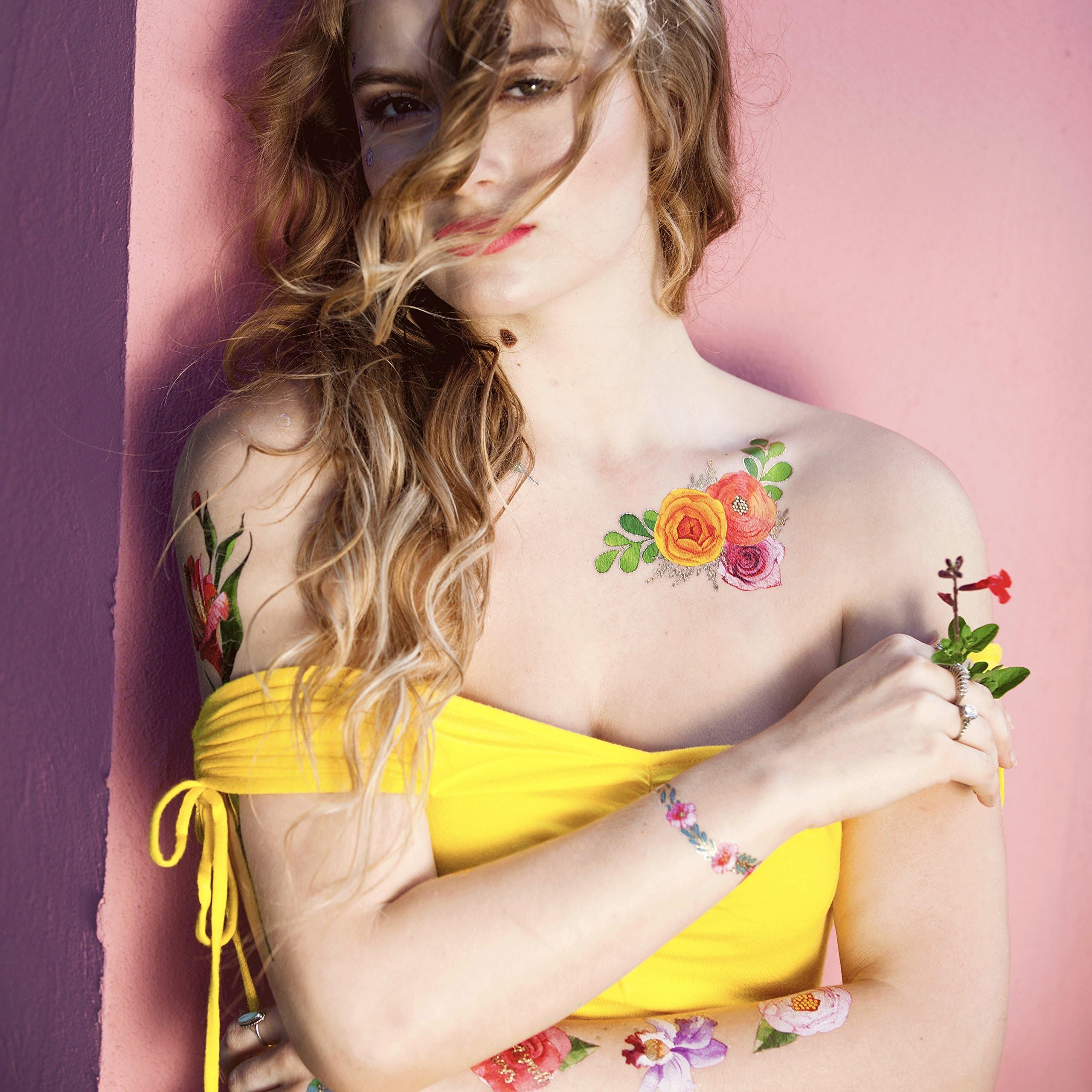 Flash Tattoos DELPHINE authentic bright watercolor and metallic temporary floral inspired jewelry tattoos 2 sheet flower pack - includes Over 23 tats, waterproof tattoo