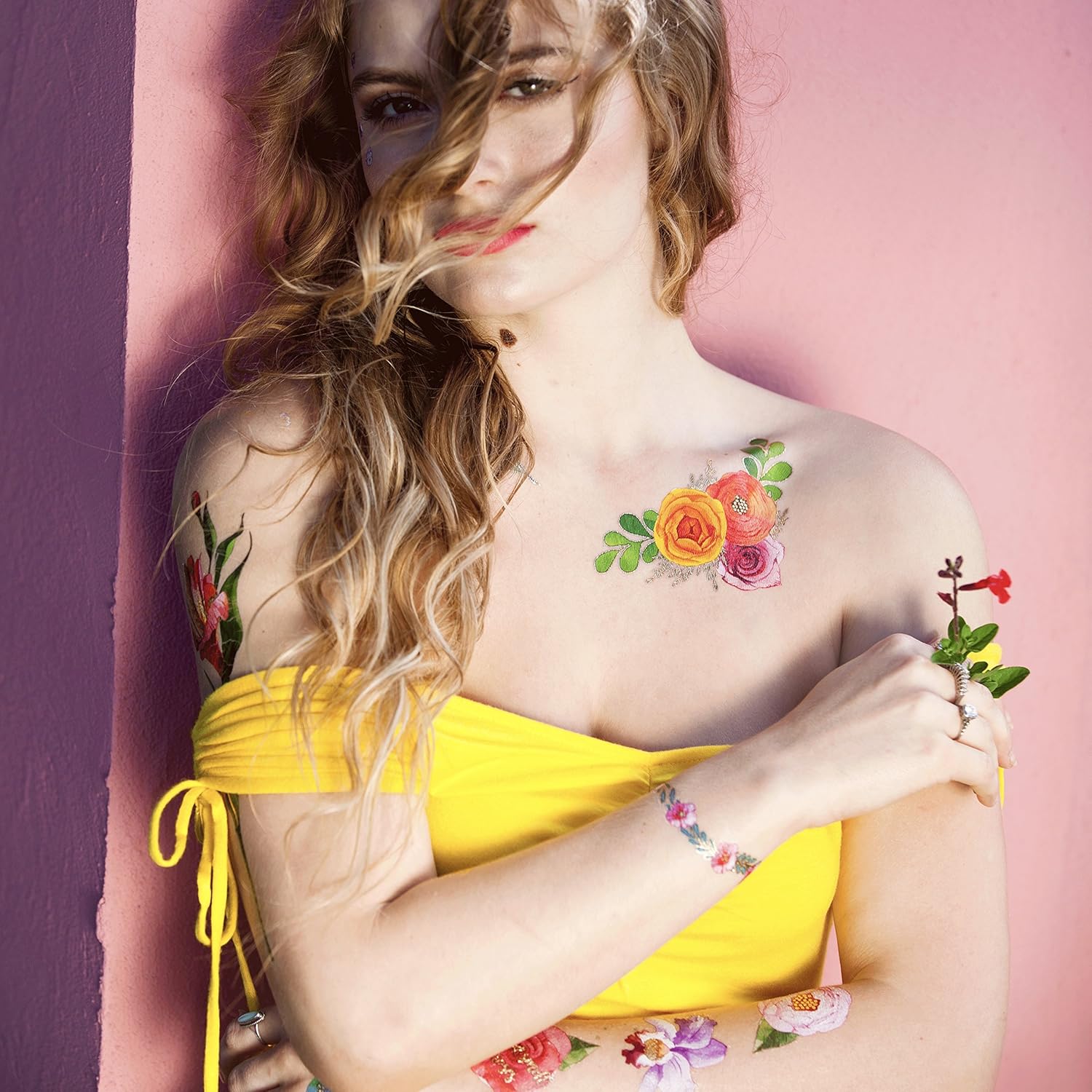 Flash Tattoos DELPHINE authentic bright watercolor and metallic temporary floral inspired jewelry tattoos 2 sheet flower pack - includes Over 23 tats, waterproof tattoo