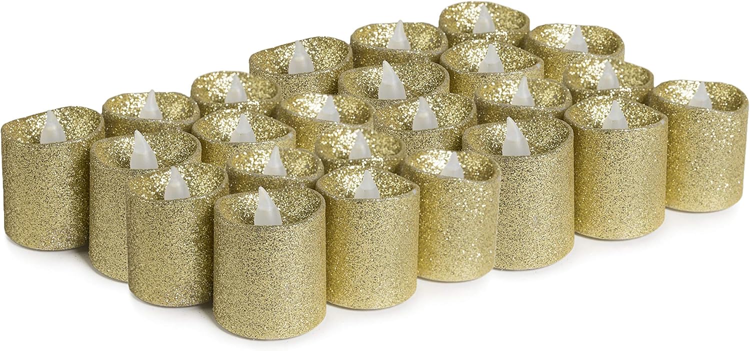 Set of 24 - WYZworks Gold Glitter Votive Tea Light Flameless LED Faux Wax Candle