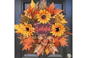 VOFULY Fall Wreath for Front Door, 20 inch Autumn Sunflower Wreath, Harvest Decor for Farmhouse Outdoor Porch,Thanksgiving Wall Decorations for Home,Fall Indoor Decor with Fall Leaf,Sunflower
