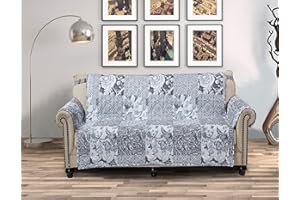 Brilliant Sunshine Grey Flowers Patchwork Couch Cover, Quilted Oversized Loveseat Slipcover, 54" Seat Width, Slip Resistant Furniture Protector, 2" Strap, Washable Couch Cover for Pets, Kids, Grey