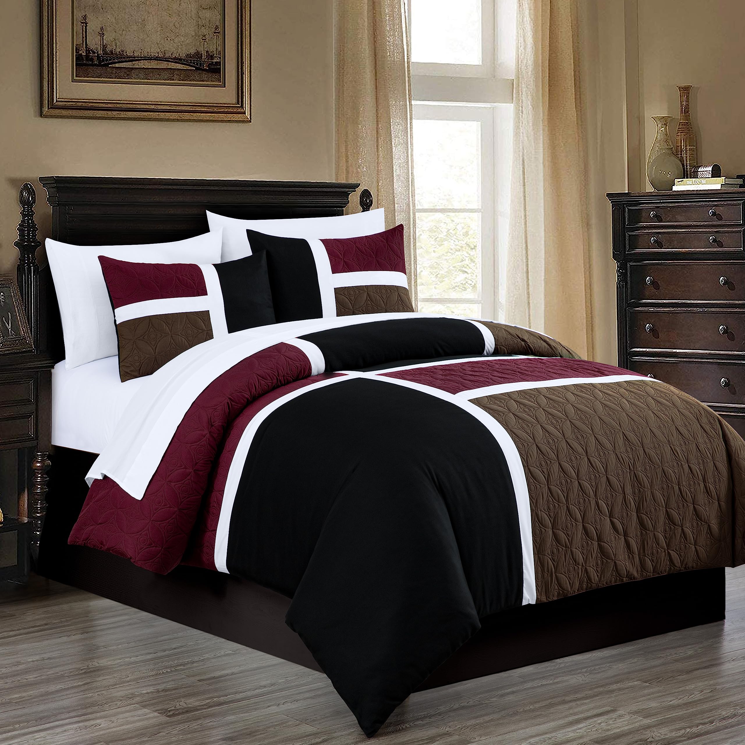 Photo 1 of Chezmoi Collection Bernard 7-Piece California King Bed in a Bag Comforter Set with Sheets - Lightweight Comforter Burgundy Black Brown Patchwork Quilted Medallion Bedding Set for All Season