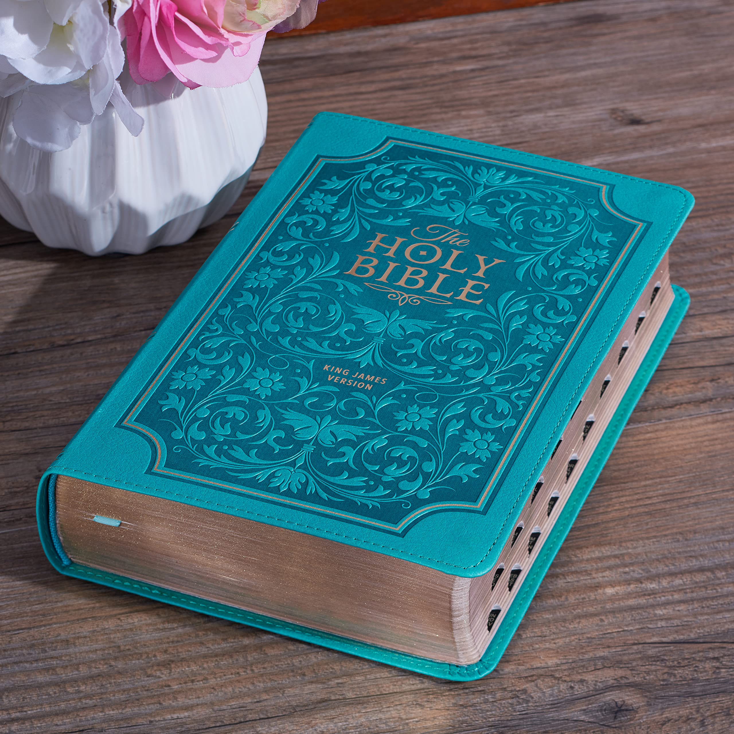KJV Holy Bible, Giant Print Standard Size Faux Leather Red Letter Edition - Thumb Index & Ribbon Marker, King James Version, Teal Floral (KJV Standard GP Editions)
