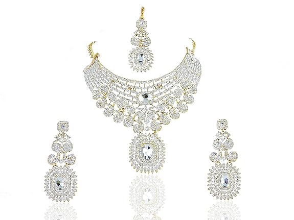 White Gold Plated Traditional Diamond Necklace Set for Women