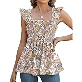 LOMON Womens Tank Tops Fashion Summer Ruffle Flying Sleeve Smocked Blouses Square Neck Sleeveless Shirts Babydoll Shirt