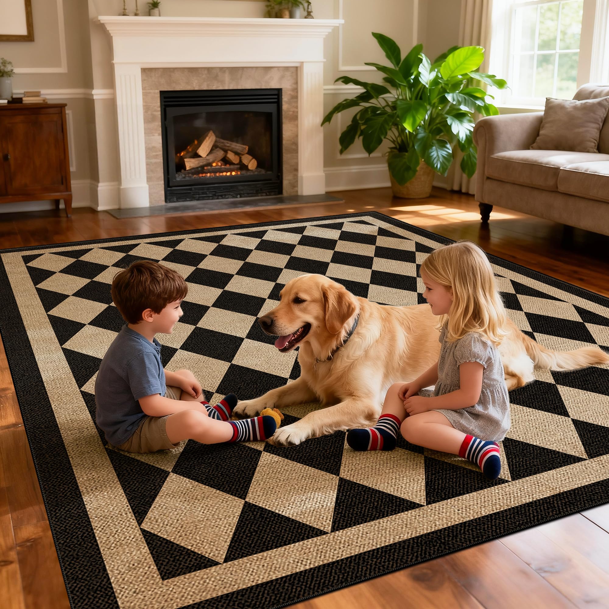 Photo 1 of JROSING Washable Checkered Easy Jute Rug 5x7, Black Checkerboard Geometric Modern Outdoor Indoor Patio Large Rugs, Woven Thin Carpet Mat for Living Dining Room Bedroom Classroom Kids Nursery Play Room