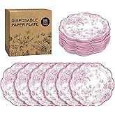 Kochorie 100 Pieces Pink Flower Paper Plates 7 Inches Disposable Floral Paper Plates Scalloped Pink and White Chinoiserie Vintage Flower Dessert Plates for Wedding Birthday Holiday Party Supplies