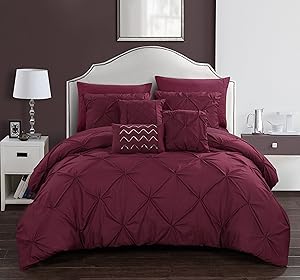 Chic Home Hannah 8 Piece Comforter Complete Bag Pinch Pleated Ruffled Pintuck Bedding with Sheet Set and Decorative Pillows Shams Included, Twin, Burgundy