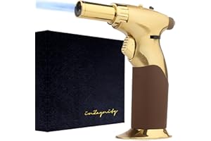 Dual Flame Butane Torch Gun - Refillable Luxury Hand Held Mini Blow Torch for Cooking, Creme Brulee, Soldering, Welding, & Resin Art - Adjustable Flame with Ignition Lock - Gold Brown by inZaynity