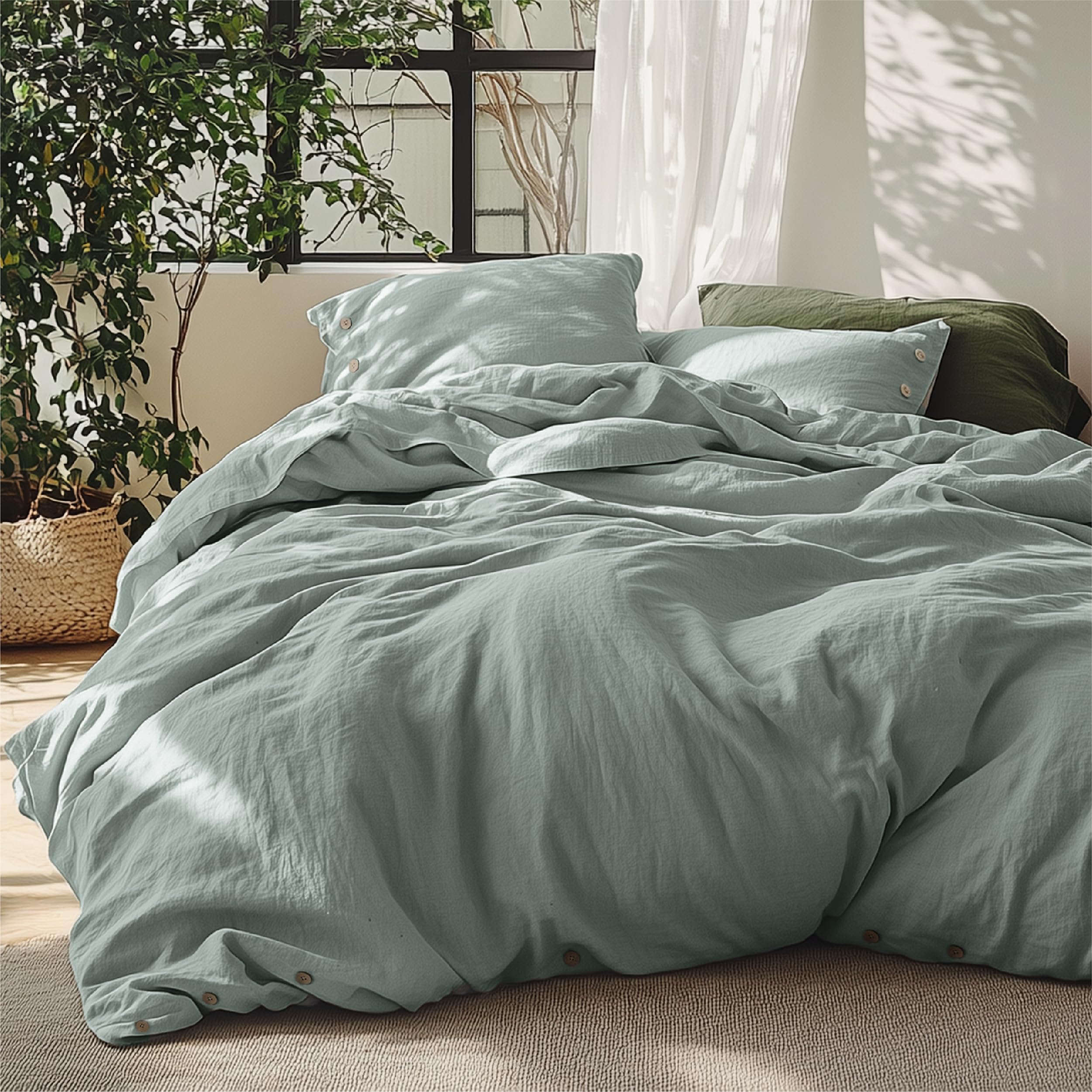 Photo 1 of Bedsure Linen Duvet Cover Queen - Linen Cotton Blend Bedding Set, Soft & Cozy, 3 Pieces, 1 Duvet Cover 90x90 Inches and 2 Pillowcases, Sage Green Color Cooling Bedding, Comforter Sold Separately