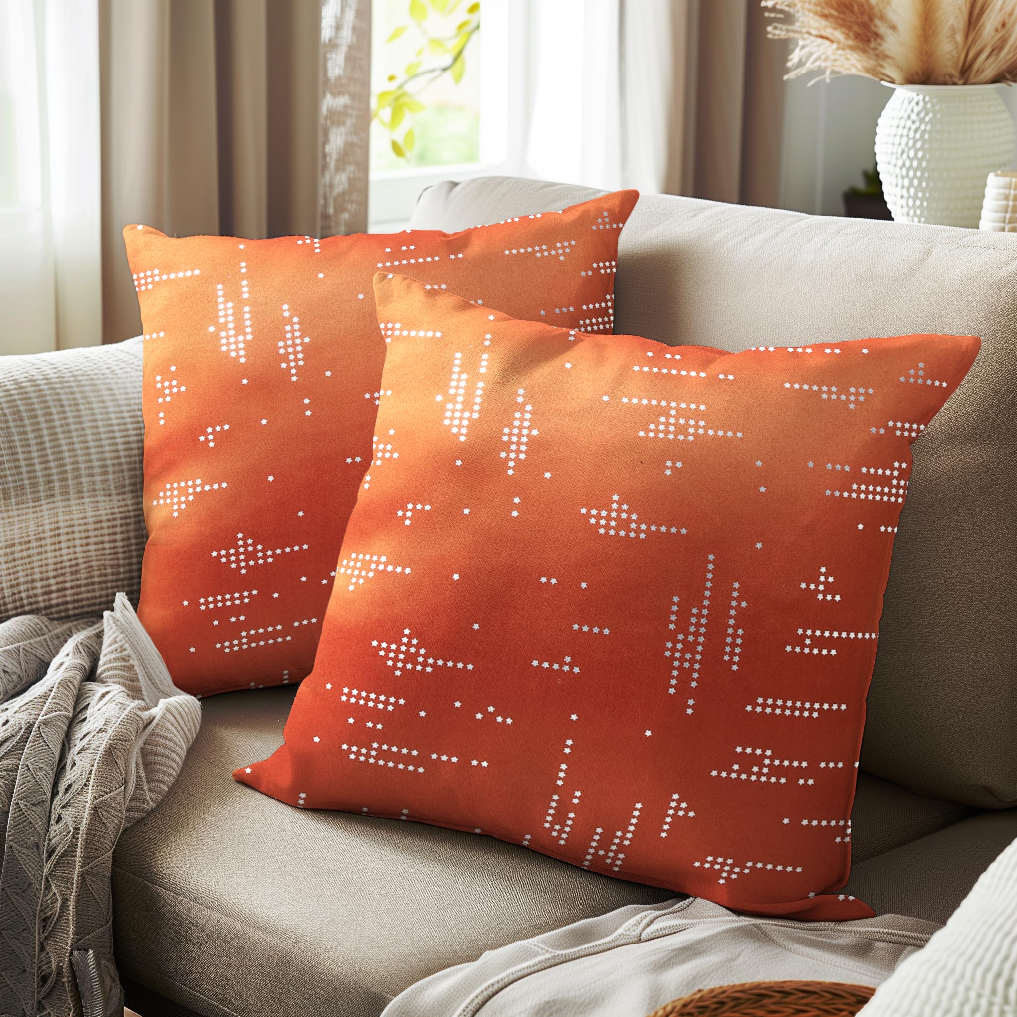 Encasa XO Cushion Covers (40x40 cm, 2pc set) I Citylight Orange I Silver Foil Print on Heavy Soft Satin I Machine Washable I Many sizes & colors — image 1