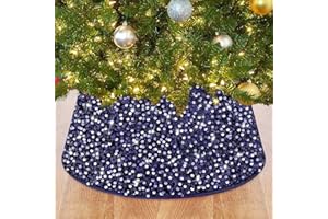 ROMANKAS Sequin Christmas Tree Collar Navy Blue Xmas Tree Ring 23.6 Inch Sparkly Tree Skirts for Artificial Trees Vintage Glitter Christmas Tree Base Collar for Xmas Party Winter Holiday Ornament