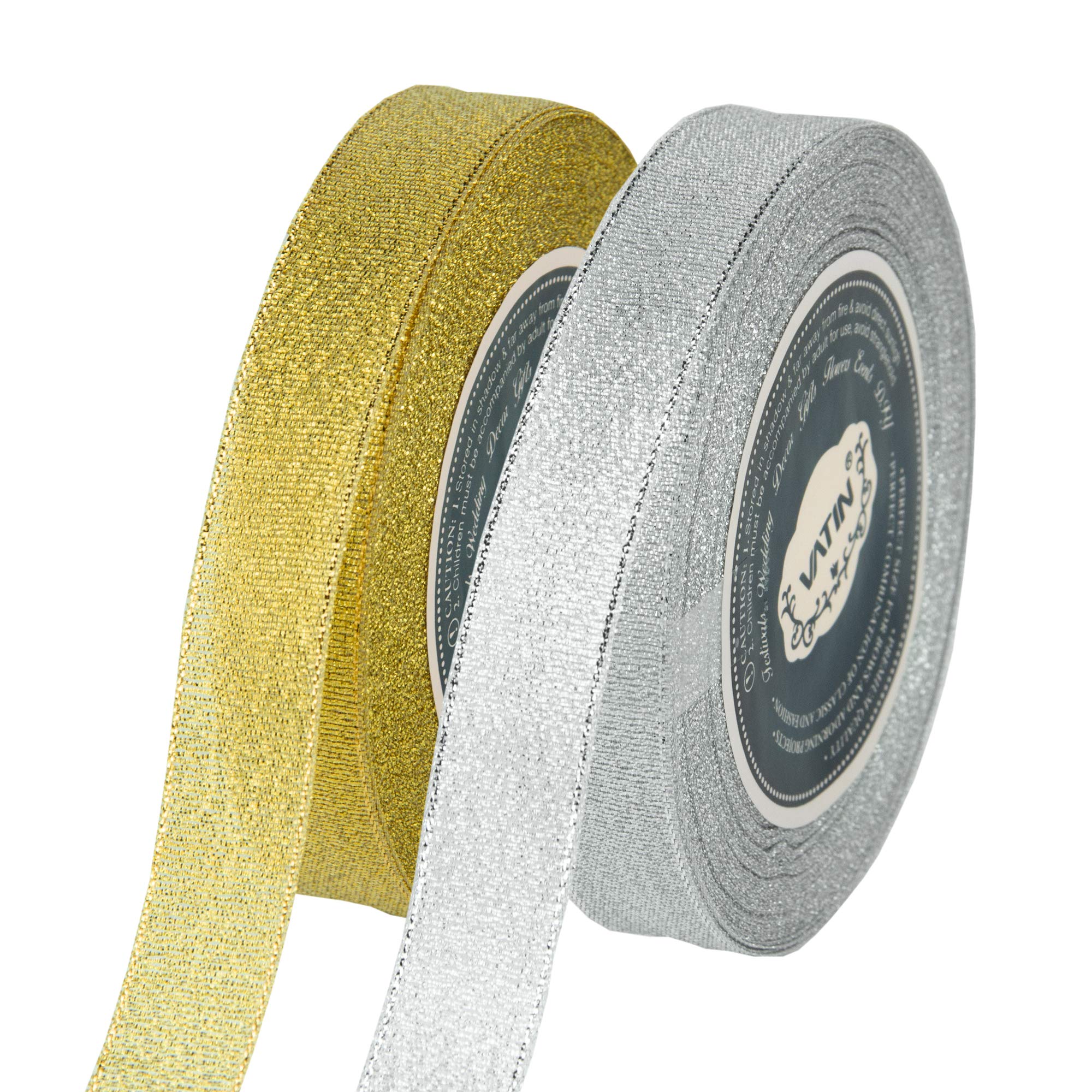 VATIN Glitter Metallic Gold Silver Ribbon 3/4 inches Wide Sparkly Fabric Gorgeous Ribbon for Gift Crafters Wedding Party Brithday Wrap Hair Bows Floral Projects 25 Yards/Roll x 2 Rolls