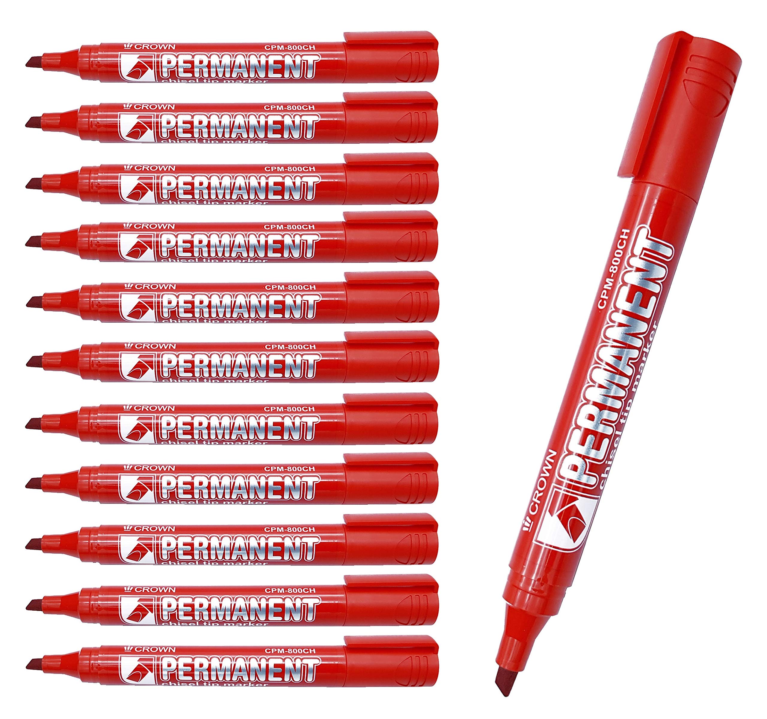 CROWN Permanent Markers Chisel Tip Markers - Pack Of 12 - Permanent Ink - Red - 2mm-5mm Line