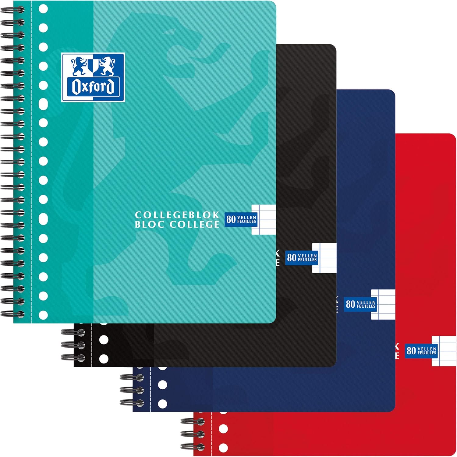 Oxford College Notepad A5 Lined 80 Sheets 17 Hole Pack of 5 4 Colours, Assorted (blue, black, red, turquoise)