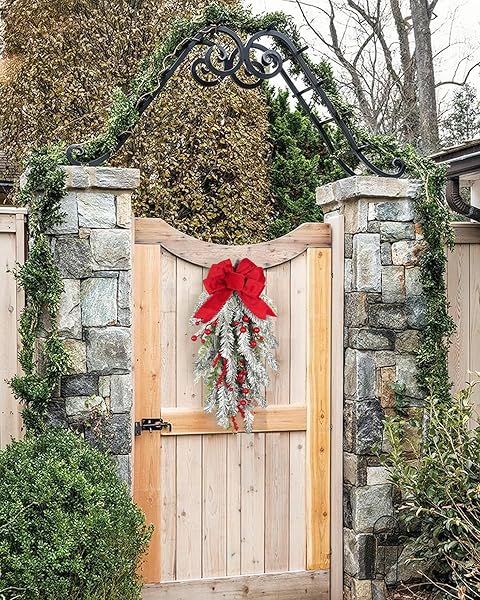 FLOROAD 28 INCH PRE-LIT CHRISTMAS TEARDROP SWAG, DECORATED WITH ARTIFICIAL FLOCKED PINE BRANCH RED BERRY WIRED BOWKNOT WHITE LED LIGHT, WHITE SNOWY CHRISTMAS DECORATION FOR FRONT DOOR OUTDOOR