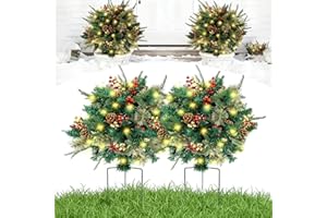 Christmas Urn Planter Filler, Small Artificial Christmas Trees, Battery Operated Pre-lit Xmas Pine Tripod Stake and 60 LED Li