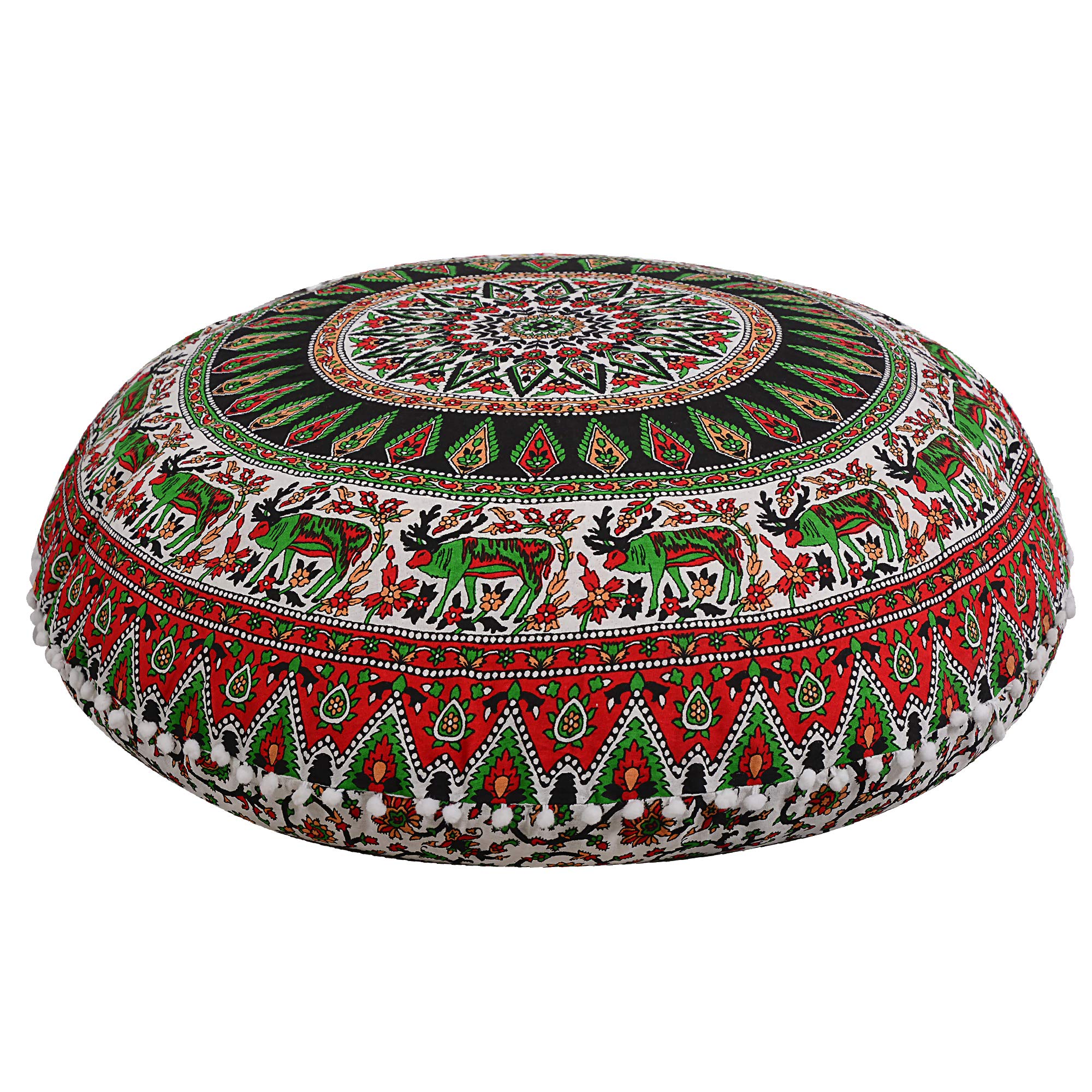 Radhykrishnafashions Indian 32" Large Hippie Mandala Floor Pillow Cover Cushion Cover Round Bohemian Yoga Decor Floor Cushion Case (Green Red) — image 1