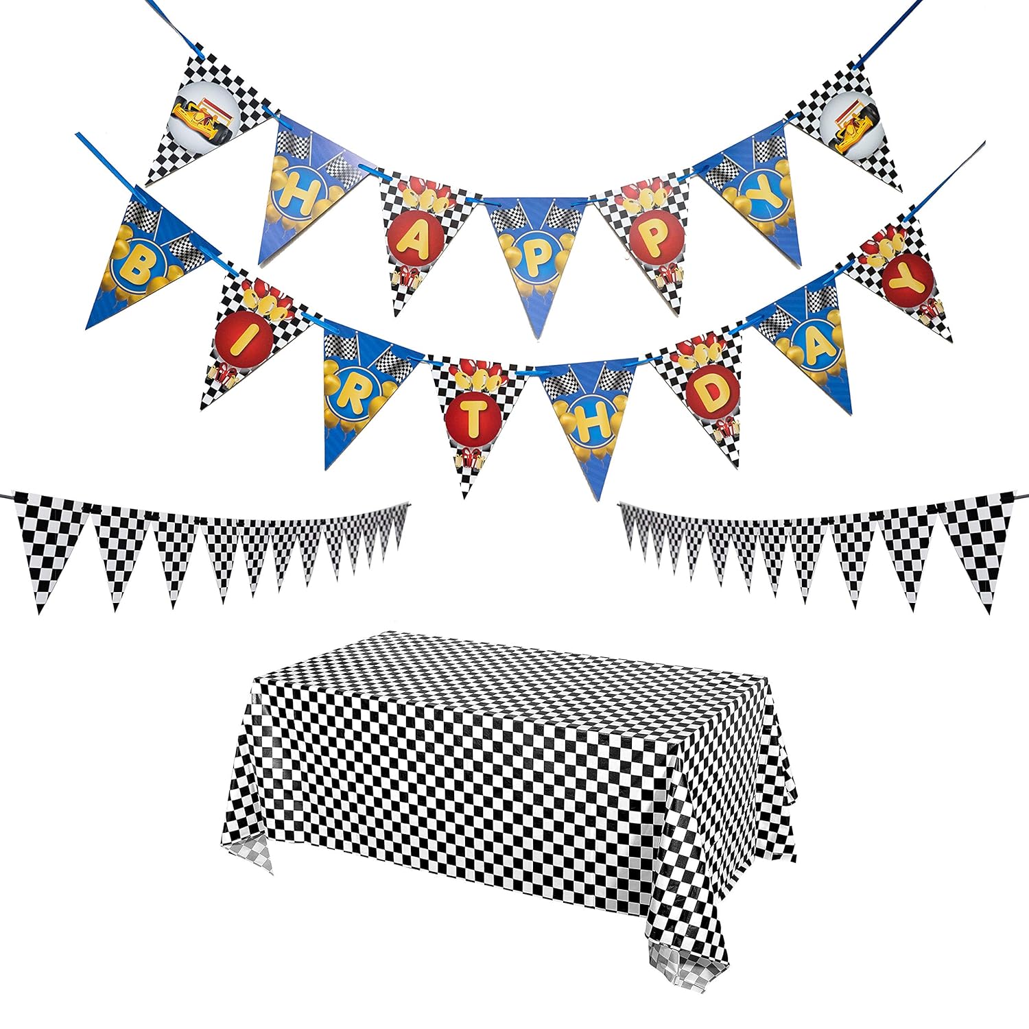 WELLIN Race Car Birthday Decoration Checkered Tablecloth Flag Banner